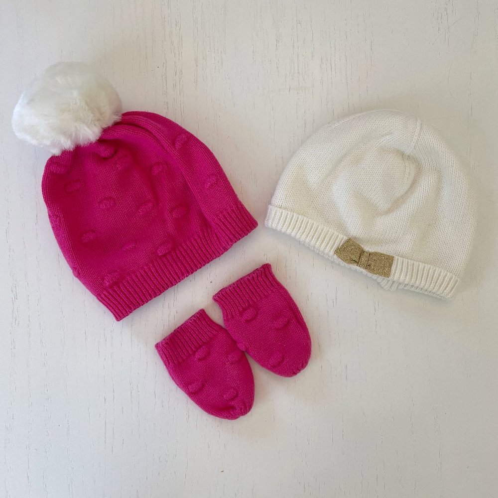 Winter Accessories Lot | Janie & Jack Bow Beanie, GAP PomPom Knit Hat | Sz 0-6 M
